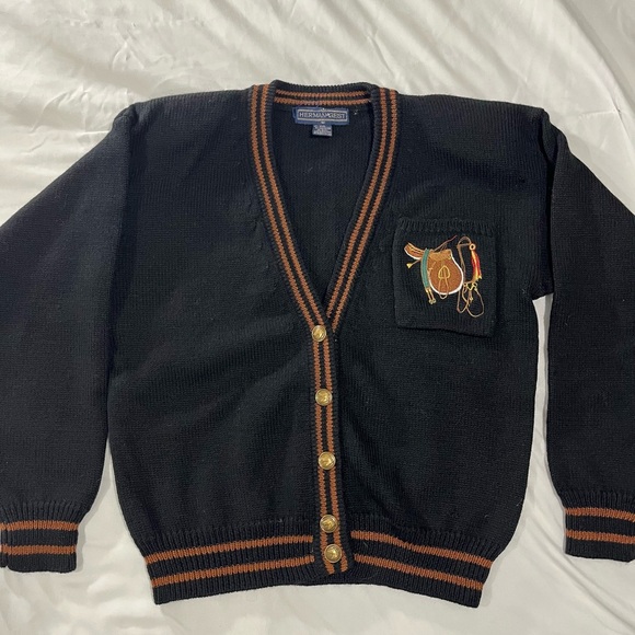 VINTAGE HERMAN GEIST Cardigan Sweater Size M Black 95% Wool Heritage Equestrian - Picture 1 of 9